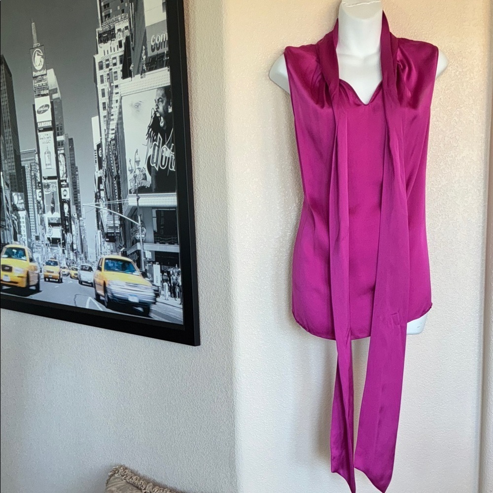 Jones New York's blouse womens 14, hot pink, Sleeveless, Long Neck Ties. EUC - Picture 4 of 17